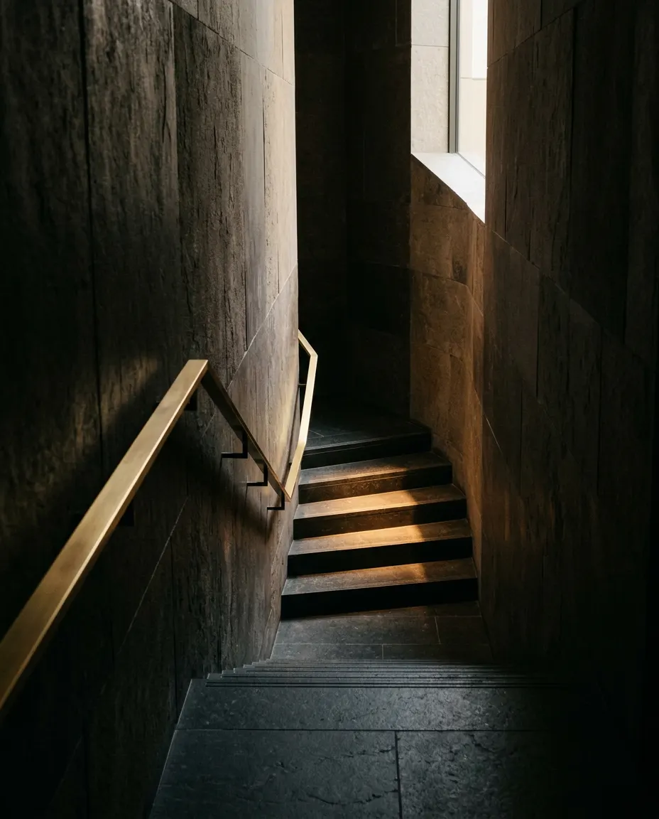 Couloir de pierre sombre traversé par une lumière chaude